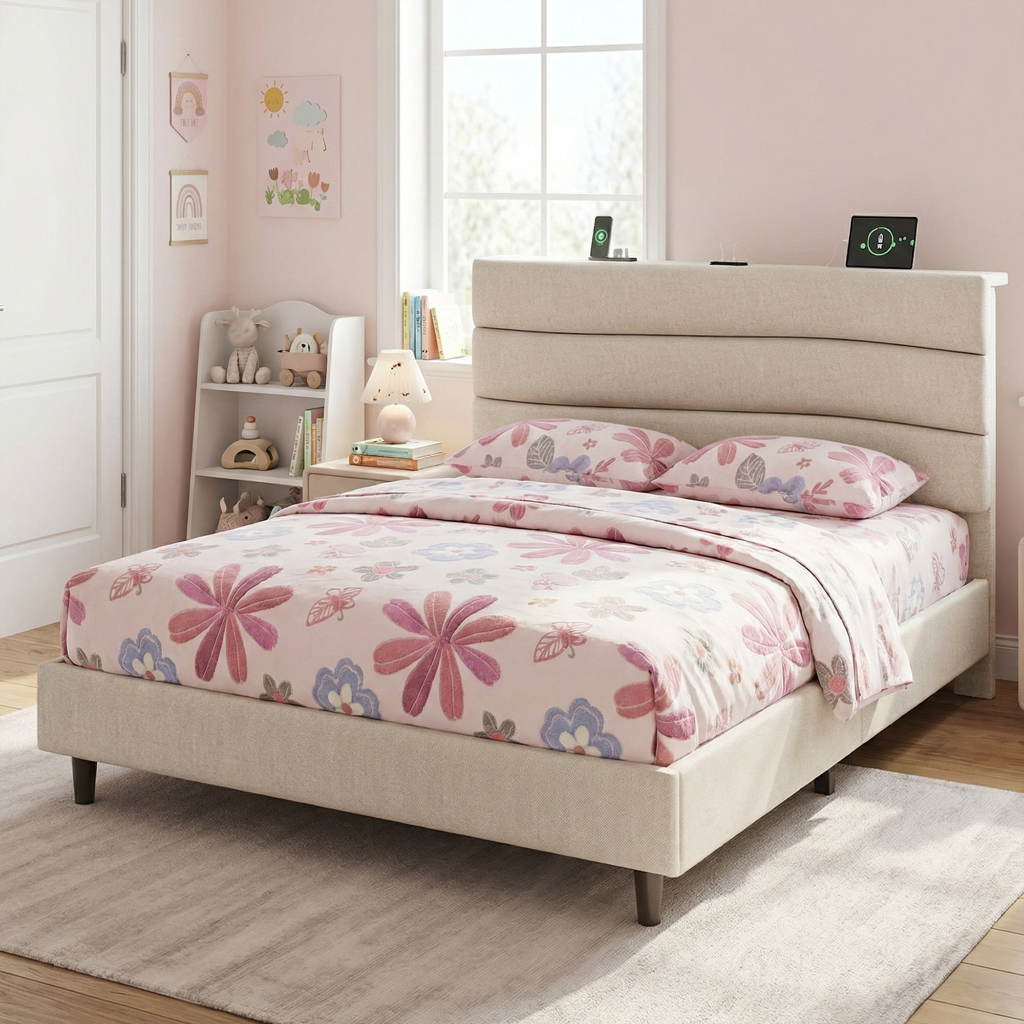 EnHomee Full Bed Frame with Adjustable Headboard Upholstered Full Size Bed Frame with Charge Station & Storage, Beige, No Box Spring Needed, Noise Free