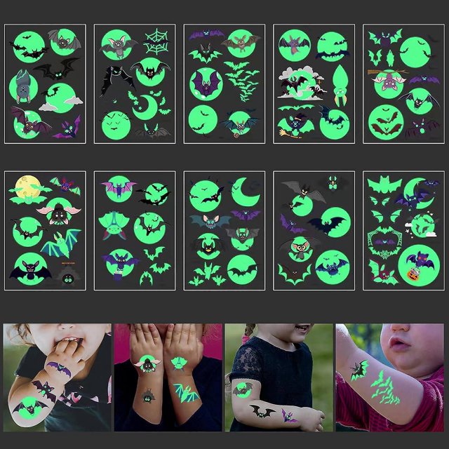 10 Uds pegatinas de tatuaje que brillan en la noche de Halloween, pegatinas de tatuaje con brillo temporal 3d verde fluorescente, pegatinas de tatuaje que brillan en la noche de murciélago