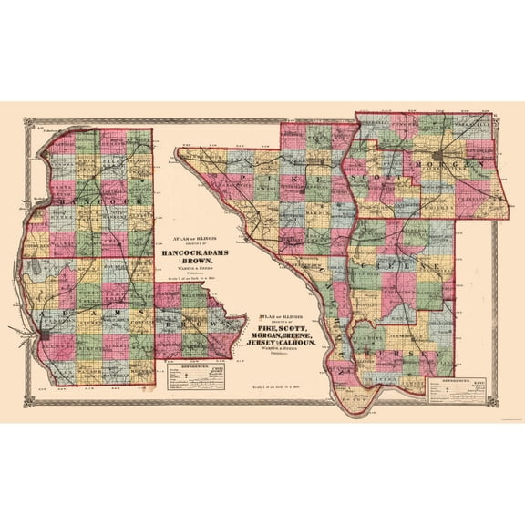 Historic County Map- Hancock Adams Brown Pike Illinois - Ogle 1910 - Vintage Wall Art