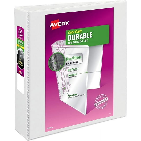 Avery Durable Clear View 3 Ring Binders, 2 Inch EZD Rings, 1 White Binder (09501)