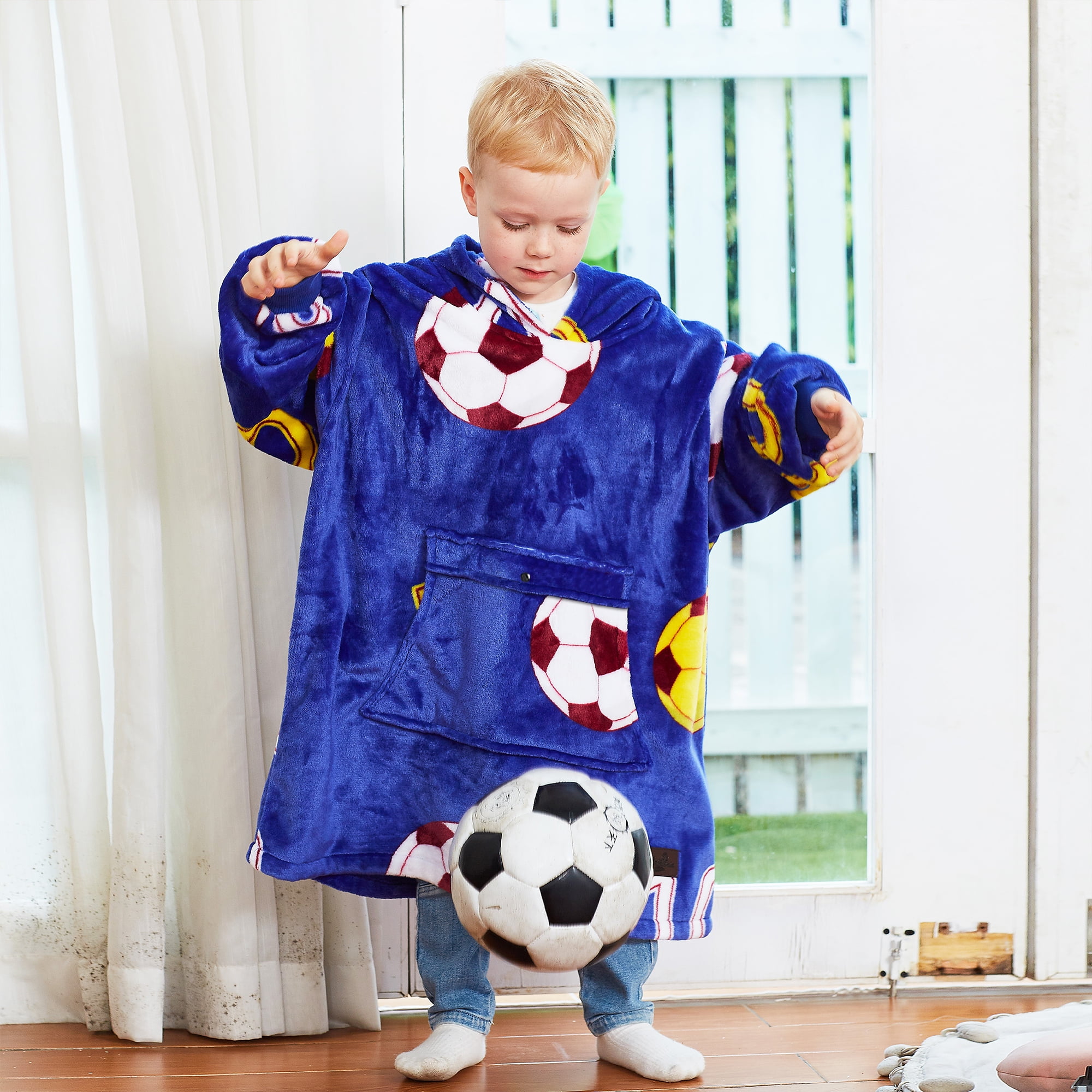 Catalonia Soccer Blanket Hoodie Sweatshirt for Kids, Oversized Wearable Snuggy Fleece Pullover, 4-12 Years Boy Sports Football Fanatic Gift