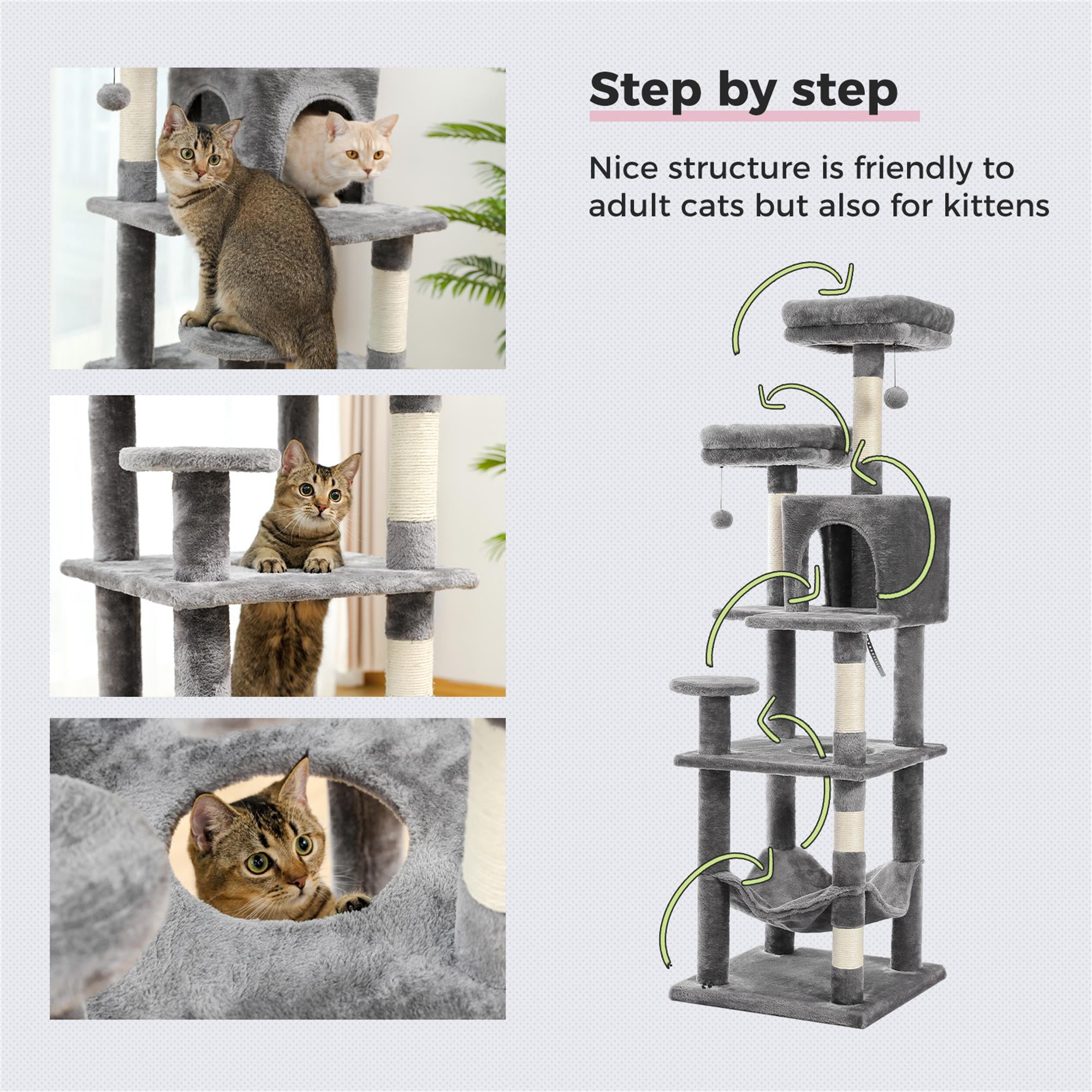 Kadyn 60" Cat Tree Tower for Indoor Cats, Plush Multi-Level Cat Condo with 5 Scratching Posts, 2 Perches, Caves, Hammock, Gray
