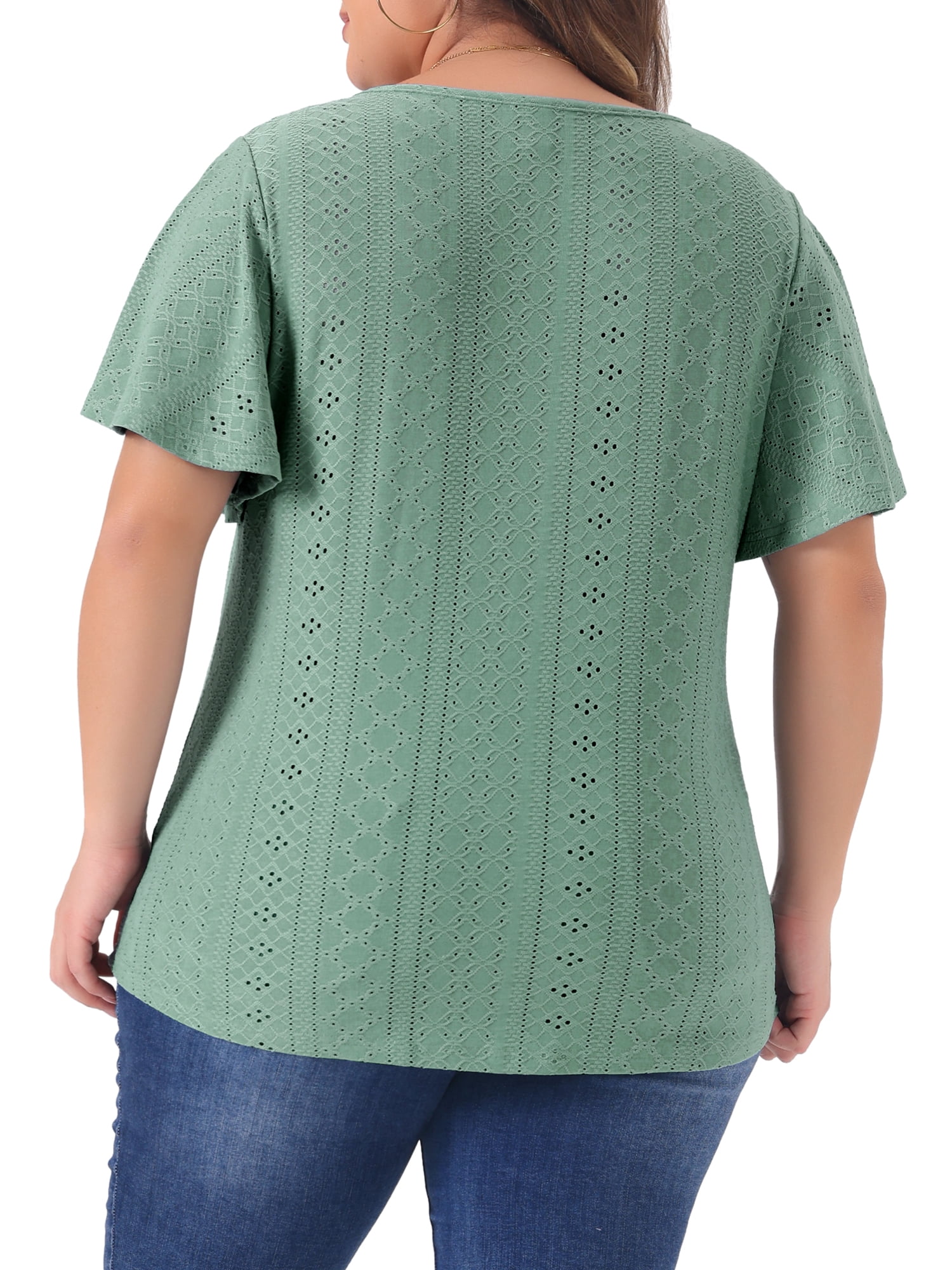 DARING DIVA Women's Plus Round Neck Hollow Flare Sleeve Casual Blouse 2X Green