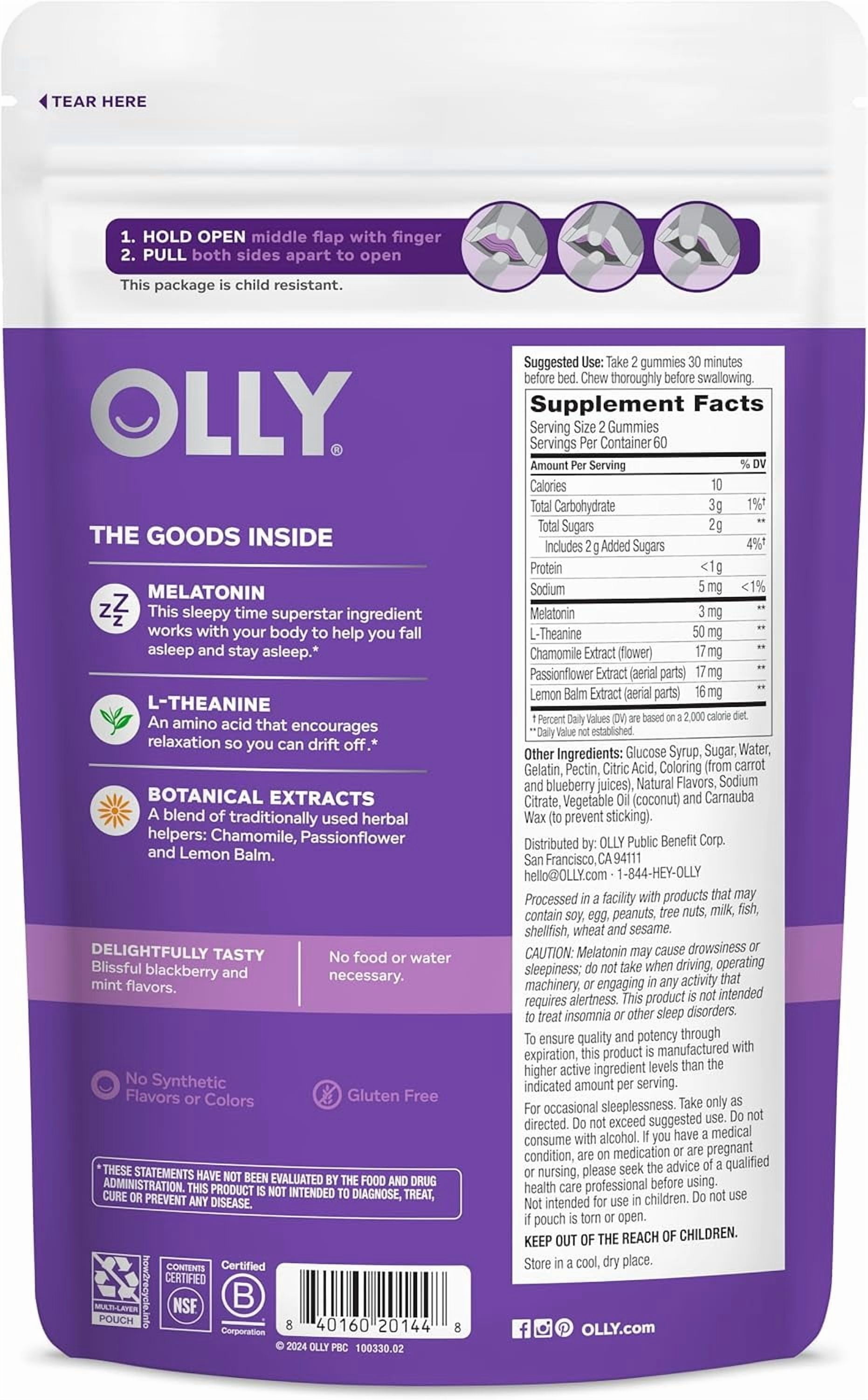 OLLY Sleep Gummy Supplement, 3mg Melatonin, L-Theanine, Chamomile, Blackberry Zen Flavor, 120 Ct