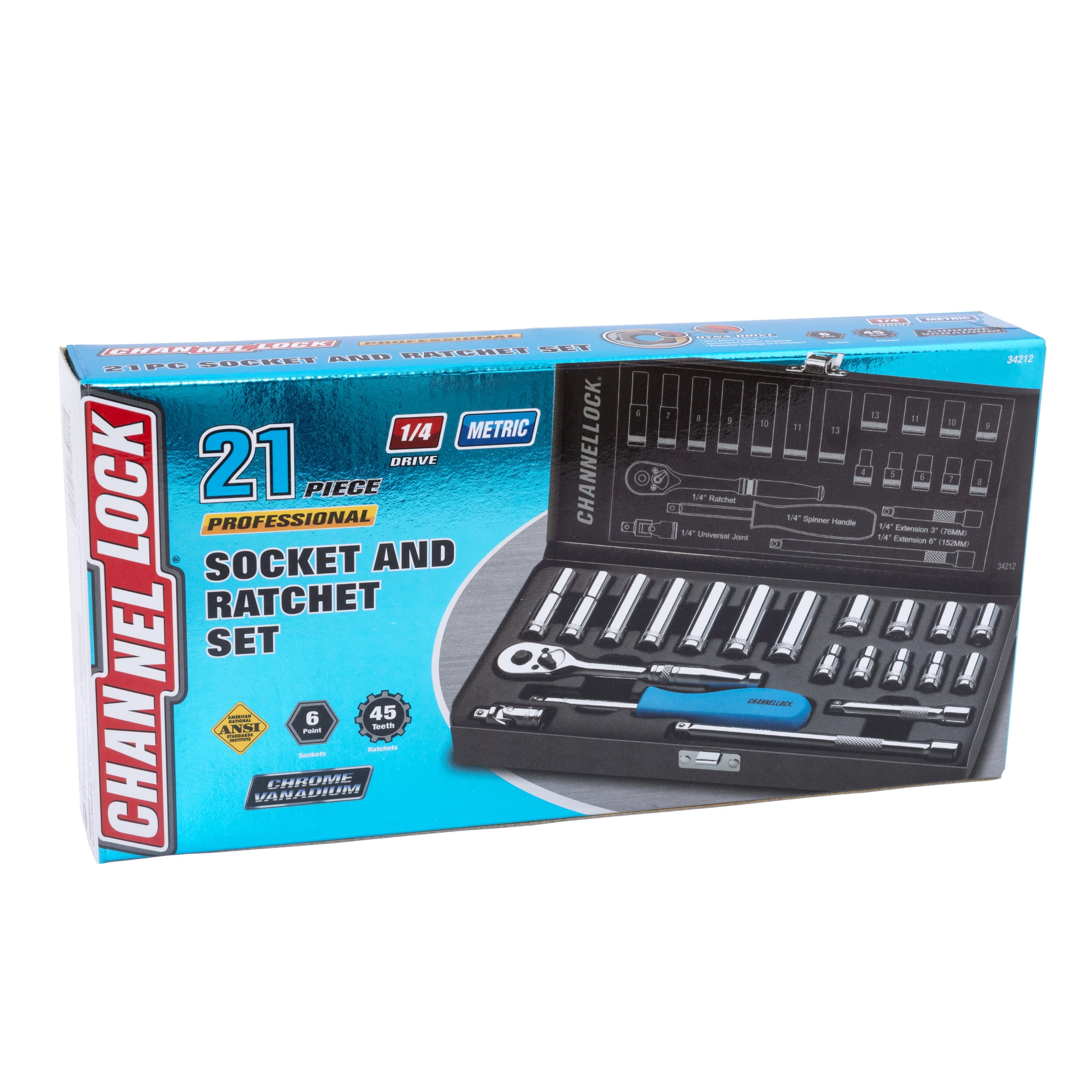 CHANNELLOCK 1/4-inch Metric Drive Socket Set, Includes Standard and Deep-Well Sizes, 6-point Sockets, Durable Steel Case, 21 pieces (34212)