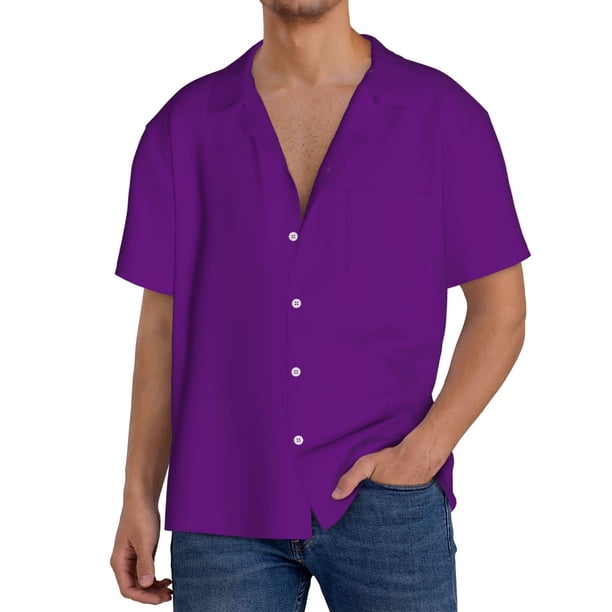 Fotbe Purple Camisa Estampada de Manga Corta para Hombre, Casual de Verano, Estilo Playero, Sin Arrugas-Small