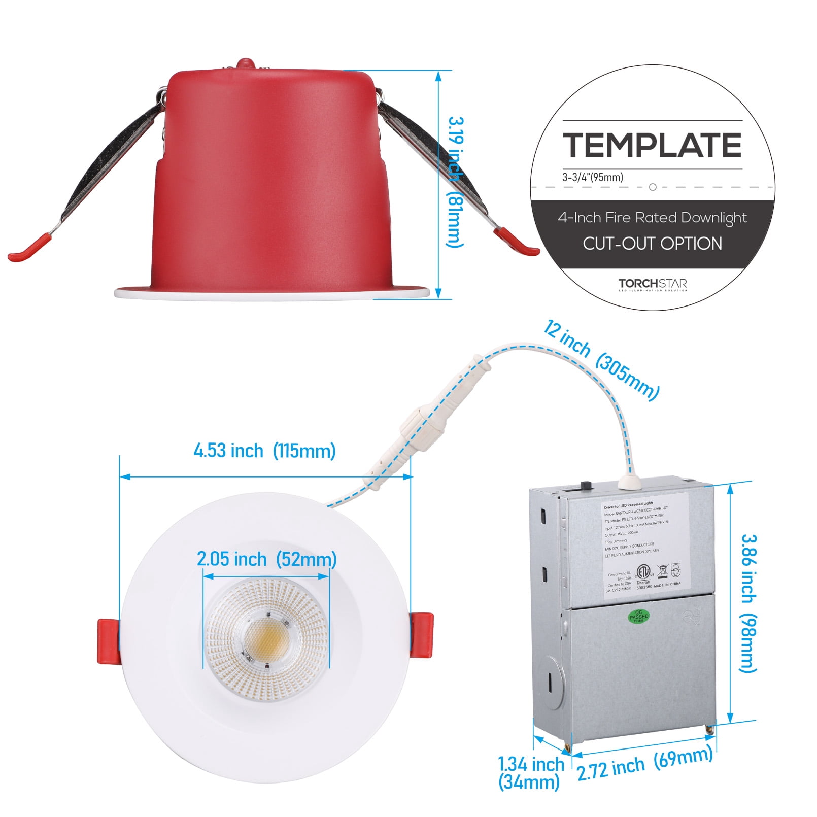 2 Pack 4 Inch 15W Fire Rated Deep Baffle LED Recessed Light, 5CCT Dimmable Canless Downlight with J-Box, Meets UL263 & ASTM E119, 2 Hour Fire-Rated Commercial Ceilings