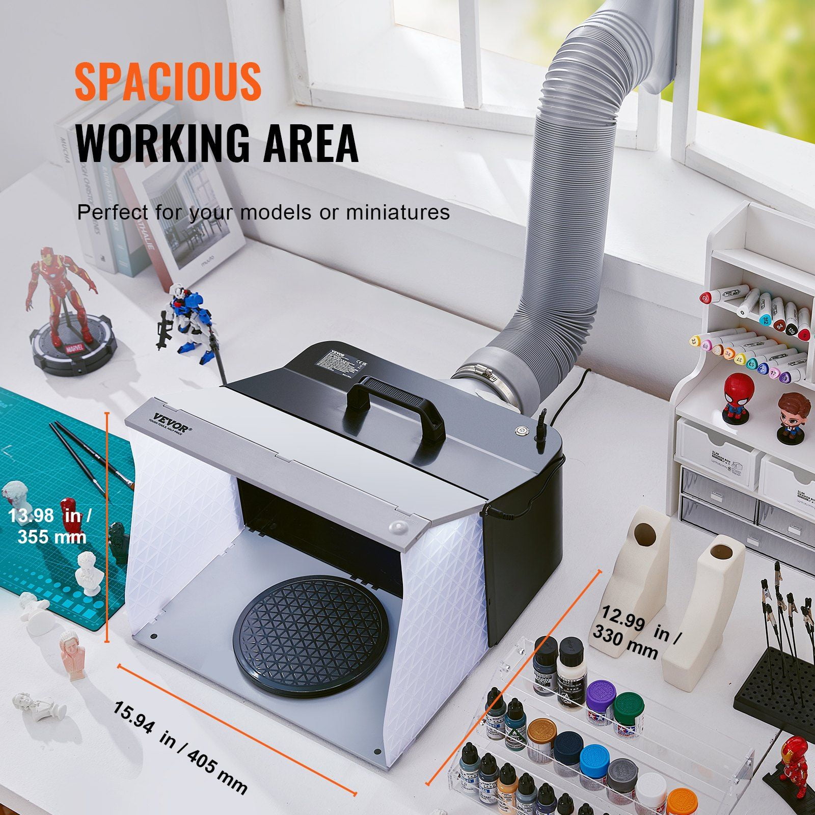 Hobby Airbrush Spray Booth with 4 LED Lights, 2 Exhaust Fans, 6ft Hose & Turntable - Ideal for Art, Cake Decor, Model Painting