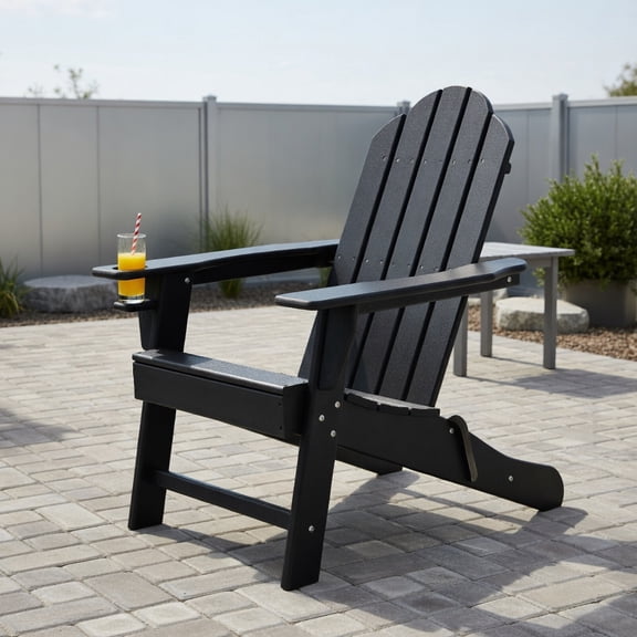 Topcobe Outdoor Adirondack Chair with Built-in Cup Holder for Backyard Porch, Outdoor Patio Furniture for Balcony Garden Backyard -Black