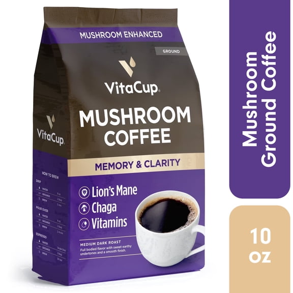 VitaCup Ground Mushroom Coffee w/ Lions Mane & Chaga, 10 Ounces