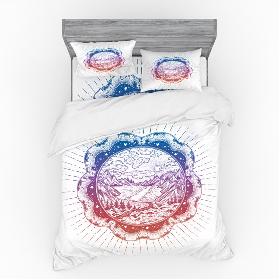 Landscape Duvet Cover Set, Mandala Look Gradient Colors Nature Sketch Print, Bedding Set with Shams and Fitted Sheet, 3 Sizes, by Ambesonne