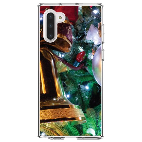 DistinctInk Clear Shockproof Hybrid Case for Samsung Galaxy Note 10 (6.3" Screen) - TPU Bumper, Acrylic Back, Tempered Glass Screen Protector - Christmas Ornaments Bell - Christmas All Year