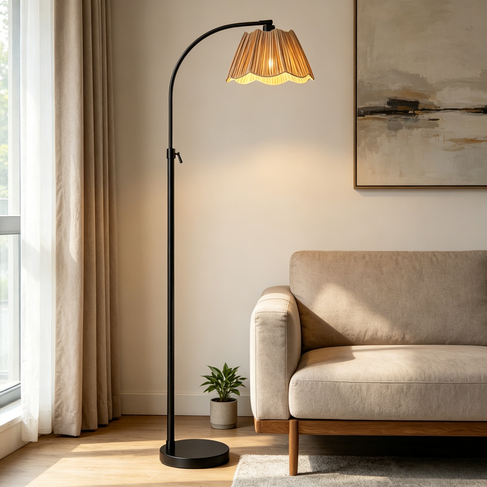 RORIA Adjustable Arc Floor Lamp with Paper-Woven Shade, Black Metal Standing Lamp with Foot Switch, 54-64” Height Adjustable, for Living Room Bedroom Office.
