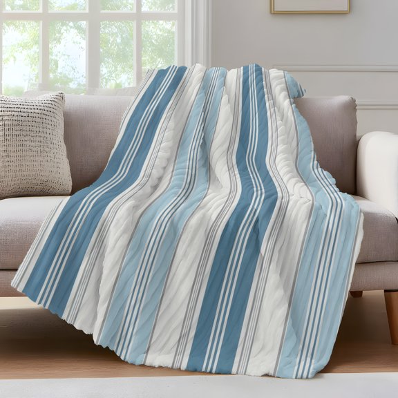 Blue Striped Fleece Throw Blanket for Couch, Modern Farmhouse Stripes Grey Microfiber Flannel Blanket for All Season, Lightweight Soft Throw Blankets for Gifts, Home Decor, 32"x47"
