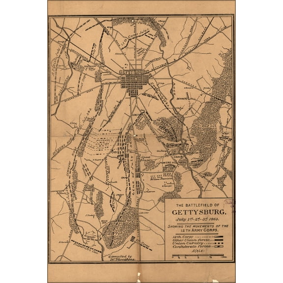 24"x36" Gallery Poster, battle field map of Gettysburg July 1863