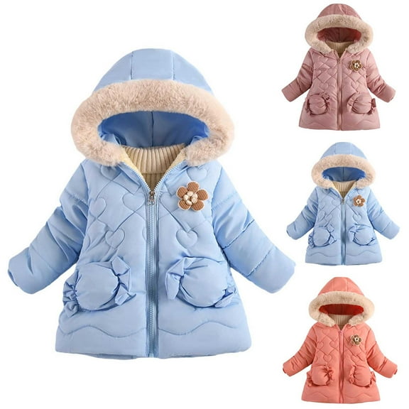 THDHVS Girls Winter Coat,Winter Coats for Girls,Boys' and Girls' Long-Sleeve Warm Kid's Hooded Zipper Jacket Blue 3-4 Years