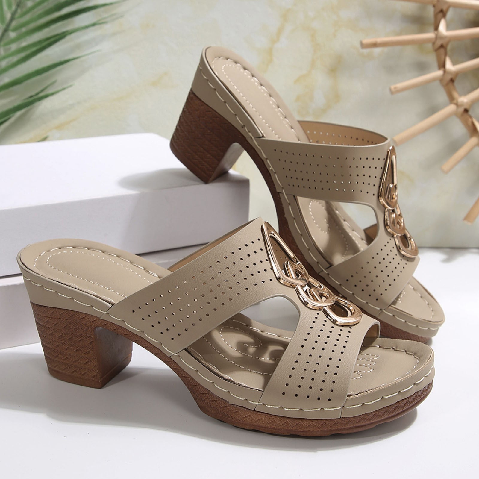 Dakaela Womens Heels Sandals Cutout Orthopedic Dressy Slide Pumps Summer Slip on Shoes Beige 7.5