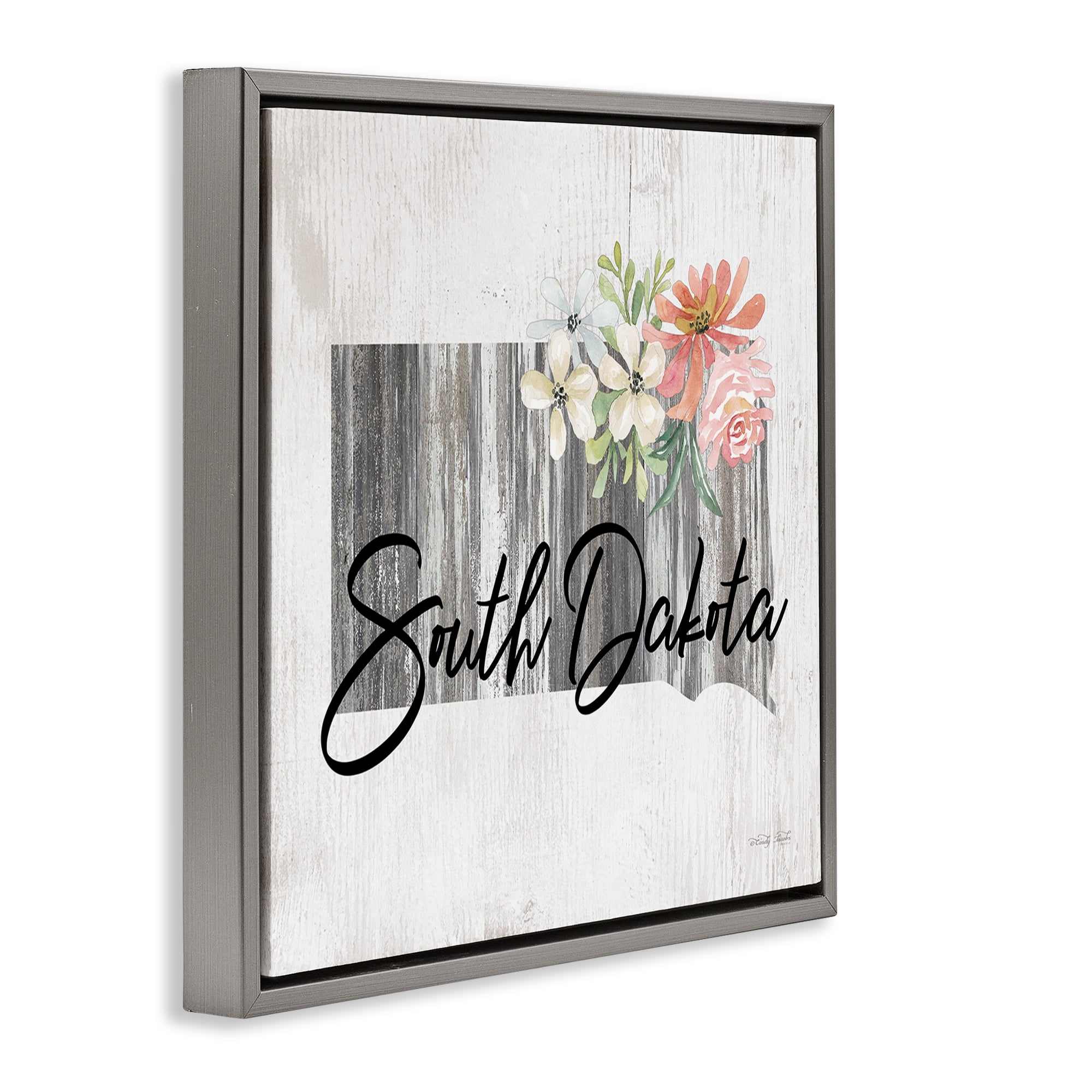 Stupell Industries Shabby Chic South Dakota Botanical & Floral Painting Gray Floater Framed Canvas Art Print Wall Art, 18 x 18