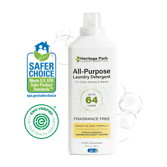 Heritage Park Luxury Laundry Detergent | Dermatologist Tested Plant based Natural & Enzyme Laundry Detergent | Sensitive Skin Friendly - Fragrance Free (32 fl oz)