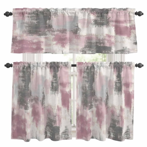 Vintage Pink Gray Kitchen Curtains Sets for Windows 24 Inch Length, Modern Abstract Art Rod Pocket Window Treatments Tier Curtains and Valances Set for Bedroom/Bathroom