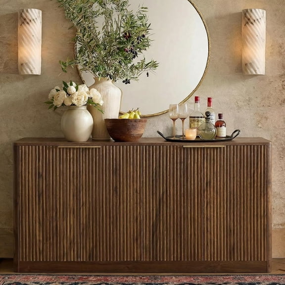 59" Fluted Buffet Cabinet Sideboard 4 Doors Mid Century Walnut