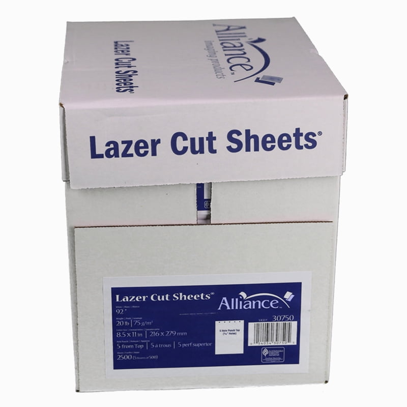 Alliance Laser Cut Sheet Paper, 8.5 x 11, 5 Hole Punch Top, 2500 Sheets