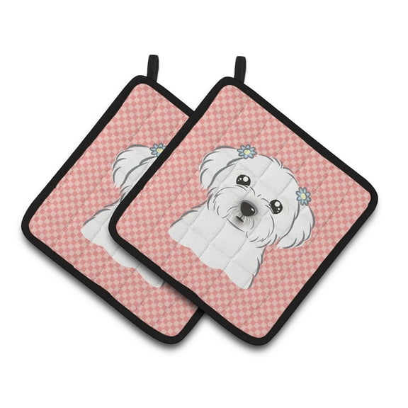 Checkerboard Pink Maltese Pair of Pot Holders