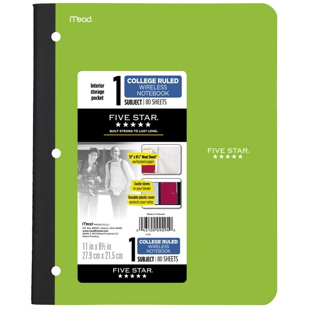 Five Star Wireless Notebook with Pocket, College Ruled, 80 Sheets, 11" x 8 1/2", Lime Walmart