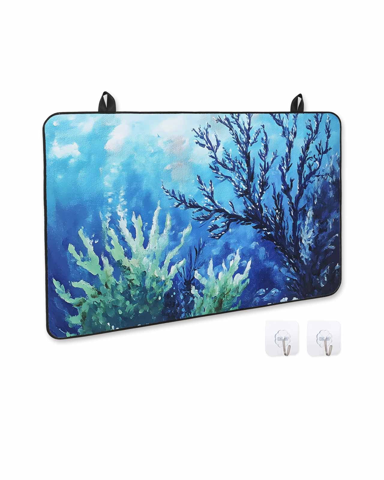 nqOlkjepod Large Induction Cooktop Protector Mat 24"x21", Blue Green Coral Stove Top Covers for Electric Stove, Summer Watercolor Ocean Plant Stove Burner Cover Mats, Glass Top Stove Cover