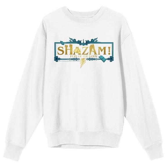 Shazam 2 Fury Of The Gods Shazam Text With Border Crew Neck Long Sleeve White Adult Sweatshirt-Large