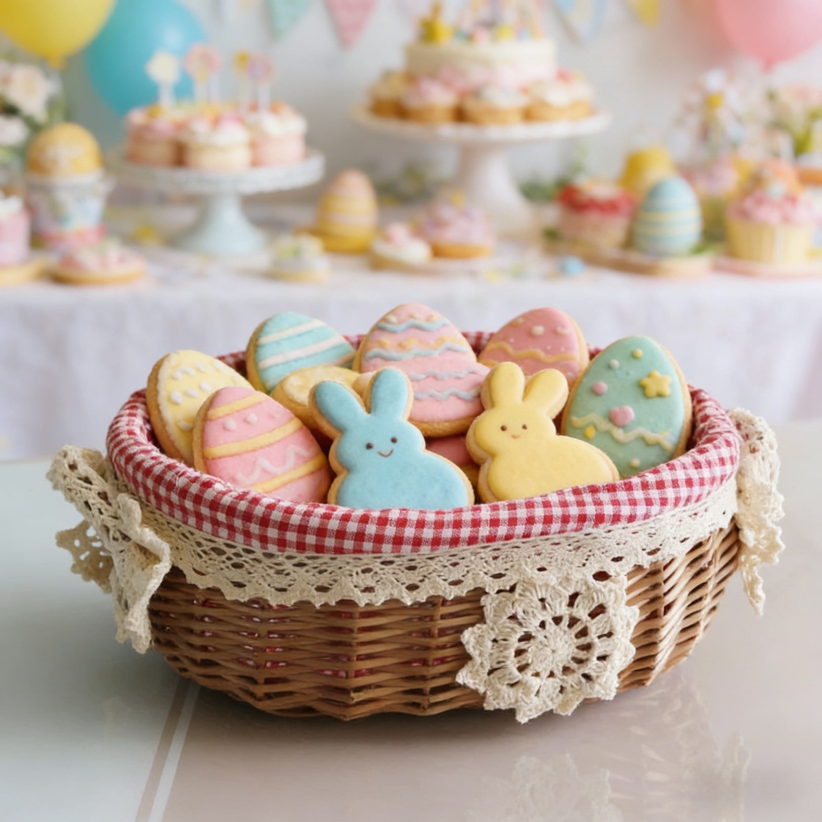 Lace Trimmed Easter Basket Handwoven Gingham Lining Storage for Egg Home Picnics Farmhouse Style Spring Decor Basket
