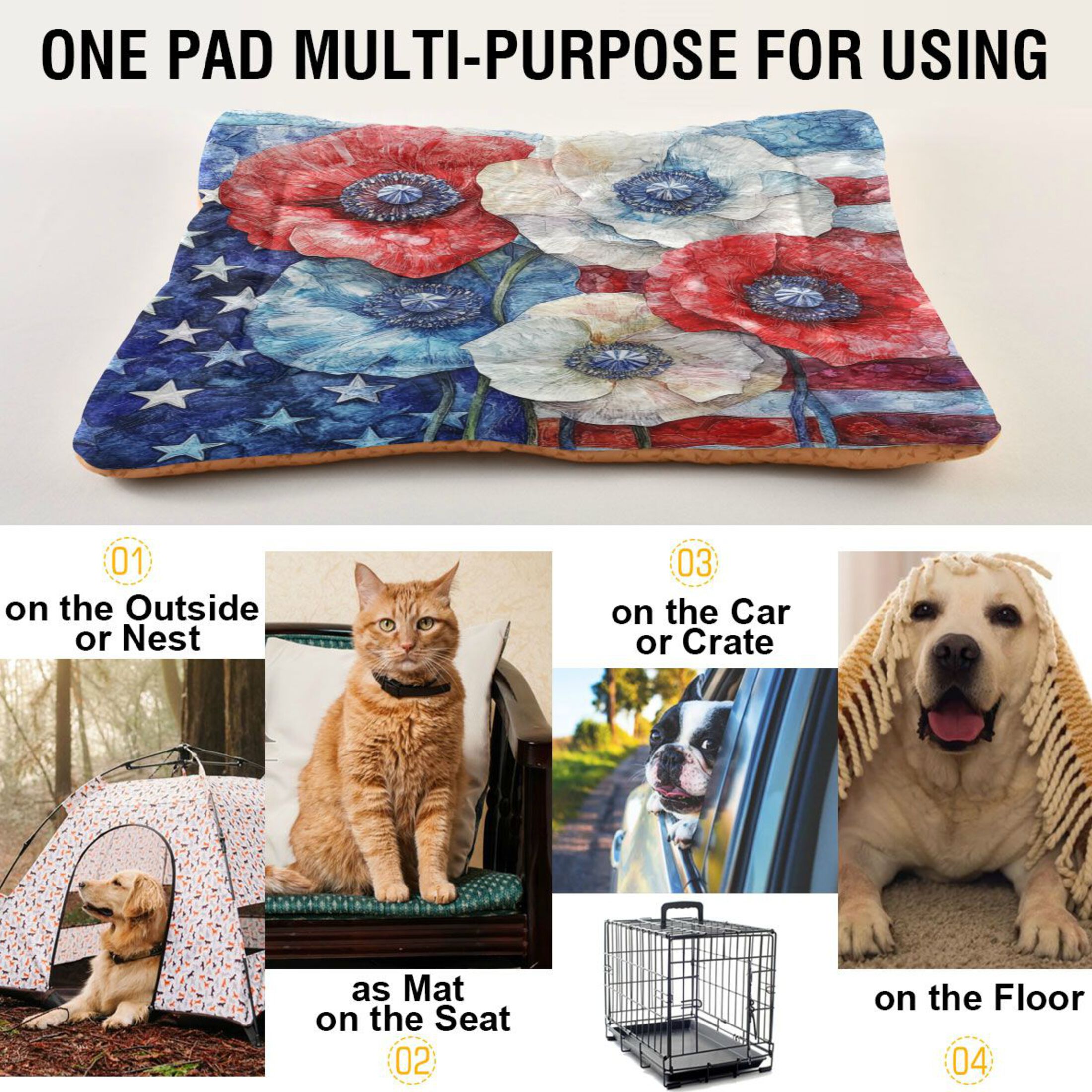 Qxltty American Flag Flowers Ped Pad Wear-resistant and Hard to Bite Through Sleeping Pad for Small Medium Large Dogs Winter Pet Bed 36×24in