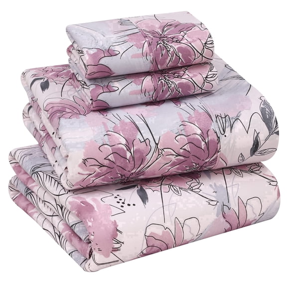 RUVANTI 100% Cotton Sheets – Queen Size Percale Bedding, Cooling & Breathable Floral Design, Durable with a Crisp, Soft & Comfortable Feel, 16" Deep Pocket, 4-Piece Set, Lilac Floral