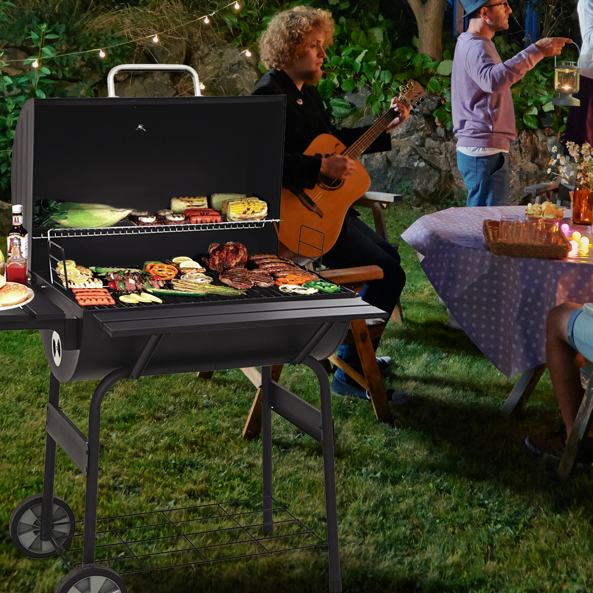 Patio Outdoor Charcoal Grill for Patio, 30'' Portable BBQ Charcoal Grill with Metal Shelf, BBQ Charcoal Grill w/Temperature Gauge and Metal Grate, Cooking Grate for Steak Chicken, SS1062 - image 1 of 8
