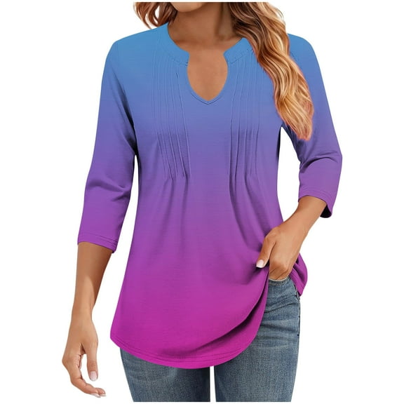 Womens 3/4 Sleeve Tops V Neck Dress T Shirt Casual Fall Gradient Color Fashion Tunic Tops