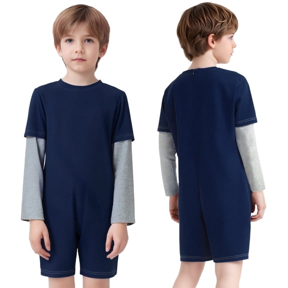 Aislor Adaptive Clothing for Kids Special Needs Jumpsuit Color Block Long Sleeve Anti-Strip Romper with Back Zipper Navy Blue Gray 6