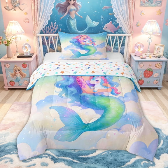 Feelyou Dreamy Unicorn Mermaid Twin Comforter Sets for Girls, Watercolor Galaxy Bedding Set, Blue Pink, Colorful Star Reversible, 2pcs