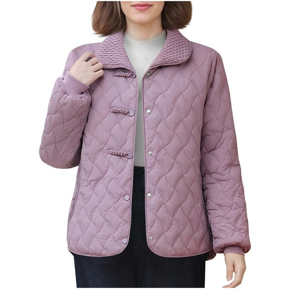 hoksml Women's Plus Size Puffer Jacket with Snap Front, Relaxed Fit Lapel Collar Coat Comfortable Lightweight Winter Jacket with Pockets