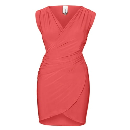- Made by Olivia Women's Sexy Surplice Sleeveless V-Neck Shirred Drape Dress- Made In USA Coral L