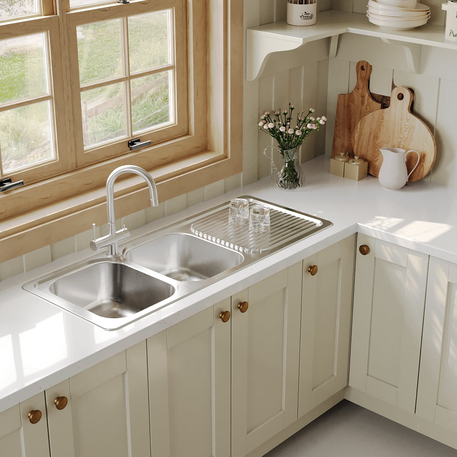 Naiture Double Bowl Stainless Steel Kitchen Sink, Rectangular Drop-In Top Mount Sink, 46-1/2" X 18-7/8" with Left Drainboard and Single Faucet Hole