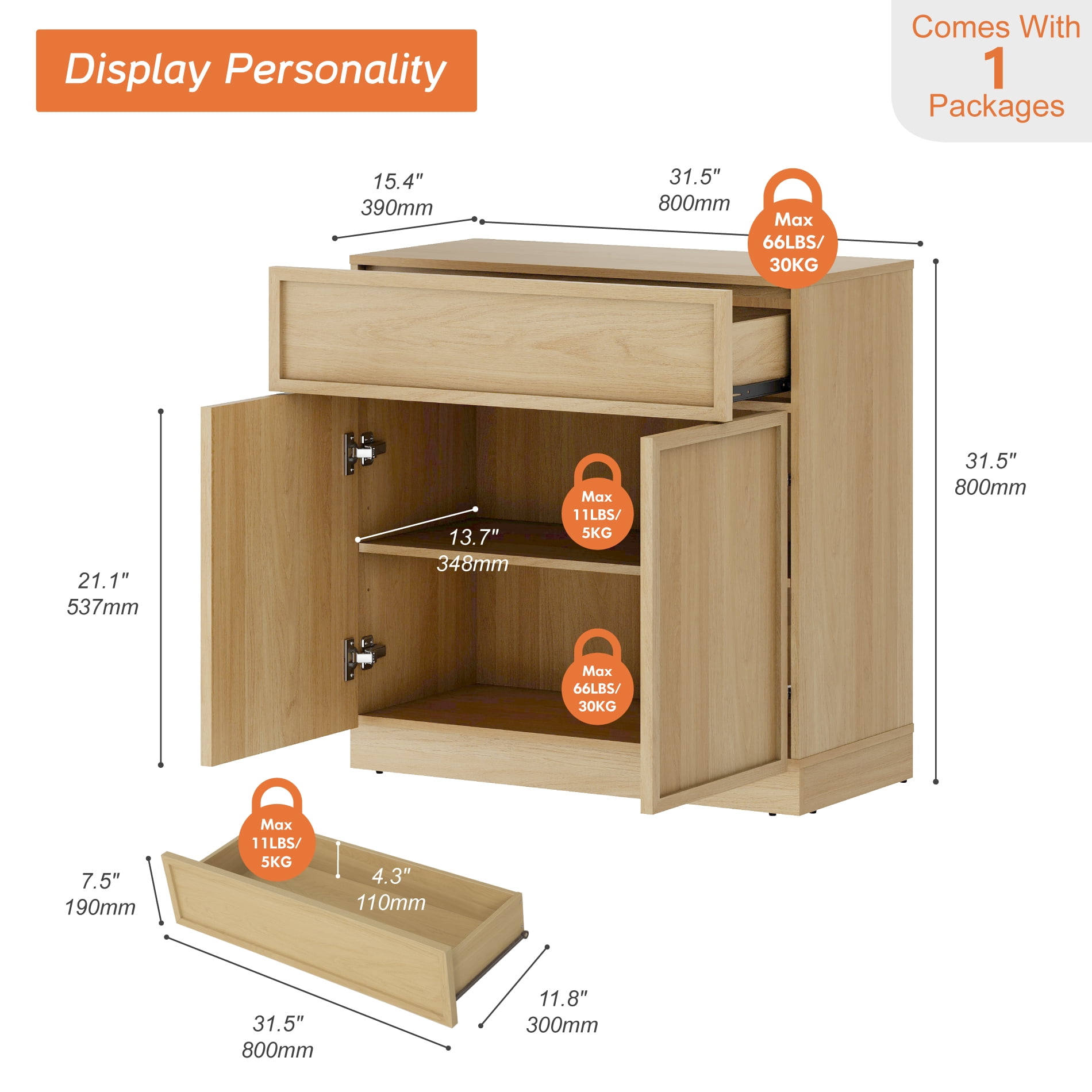 31.5" Modern Sideboard Buffet Cabinet with 2 Doors and Drawer, Multifunctional Sideboard with Large Storage and Adjustable Shelf, Oak