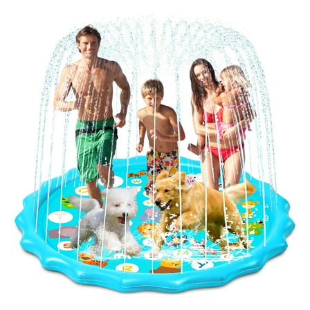 Splash Pad for Kids & Dogs, 68" Non-Slip Water Play Mat, Educational Spray Pool with Letters & Numbers, Blue Sealife Design