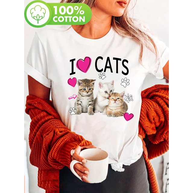 Women'S Cotton T-Shirt, Casual Crew Neck with Slight Stretch, Animal Pattern, Regular Length, with 3 Cats & 3 Pink Hearts, for All Season Knit Top