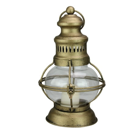 Gold Christmas Candle - 10” Golden Antique Style Weathered Glass Christmas Candle Lantern