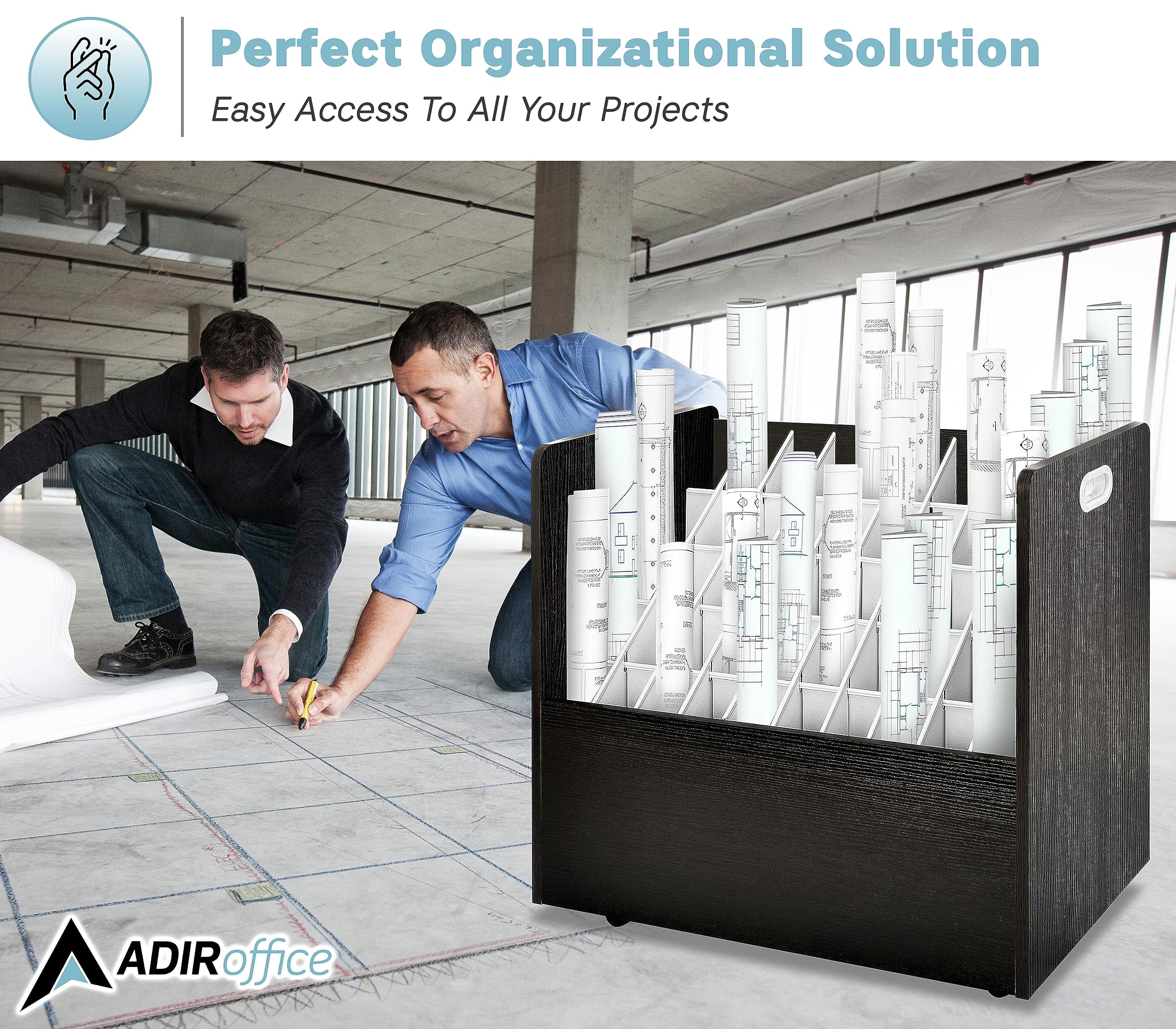 AdirOffice Blue Print Storage Organizer- Mobile Roll File Cart, Construction Plan Holders, Blueprint Cabinet with Wheels (50 Slots, Black)