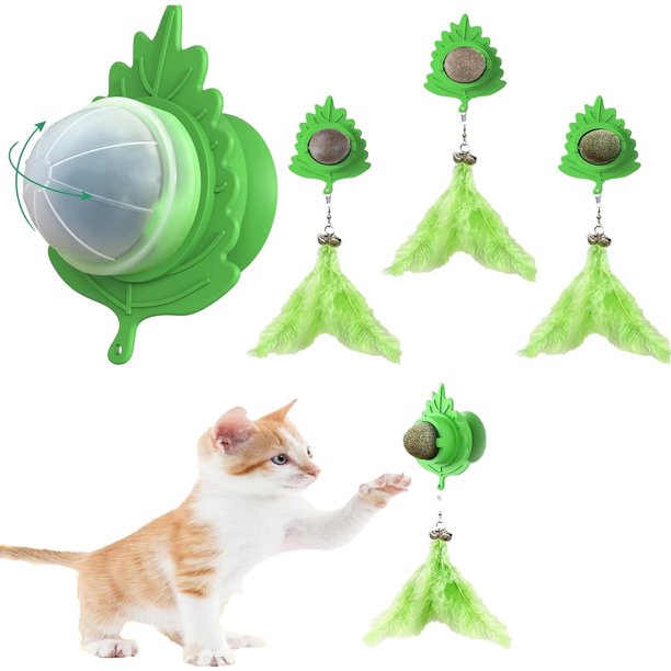 Juguete de hierba gatera para gatos Warkul con diseño de ventosa, bola de hierba gatera para gatos, juguete para masticar seguro para el cuidado dental con plumas, suministros para mascotas