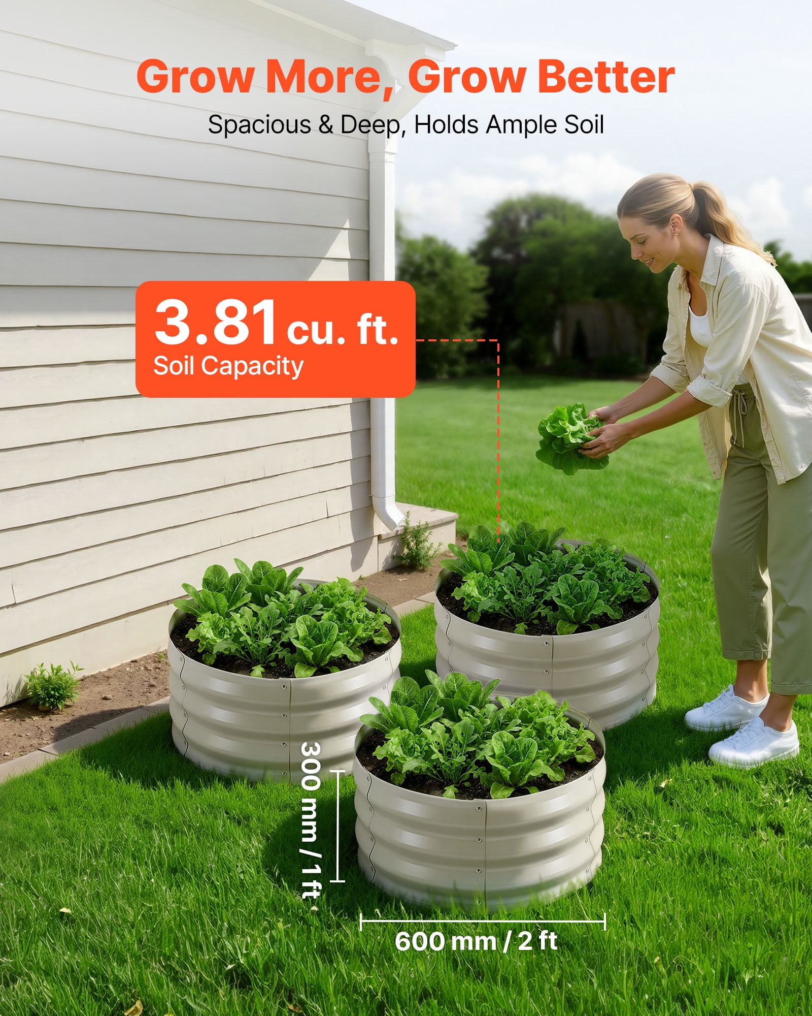 VEVOR 3 Pcs Galvanized Raised Garden Beds, 2 x 2 x 1 ft, Round Metal Planter Boxes Kit Outdoor, Bottomless Elevated Garden Boxes with Gloves, Alu-Zinc, for Planting Flowers Vegetables Herbs, Beige