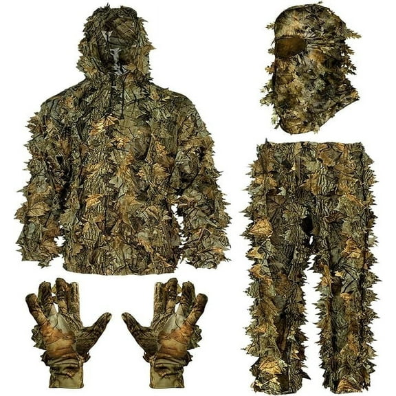 Leafy Camo Ghillie Suit 3D Leaf Camouflage Hunting Jacket and Pants with Gloves and Face Mask, Brown Leaf Size S-M