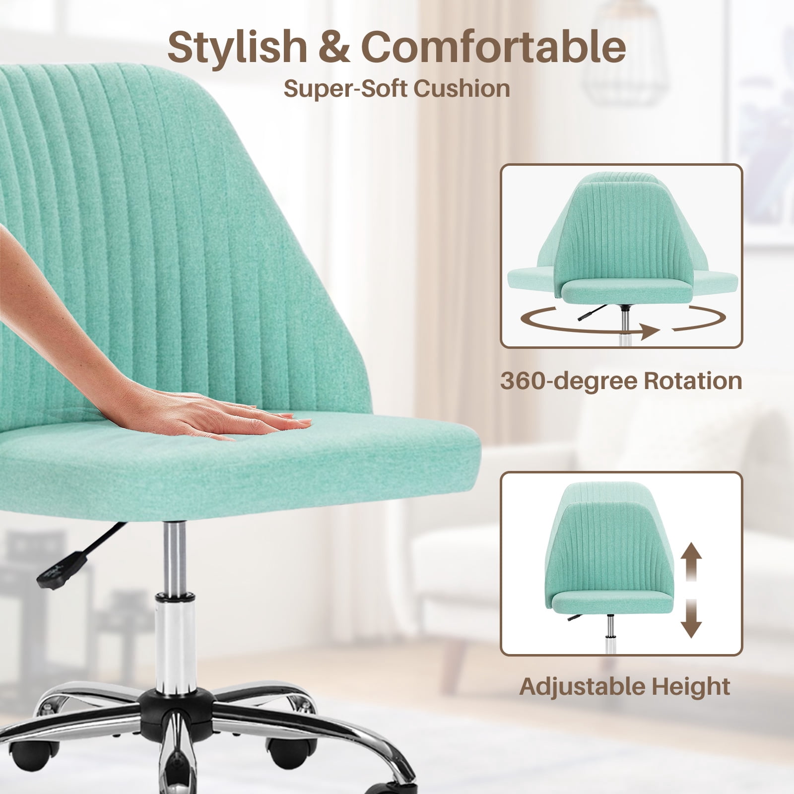 Colorful Linen Desk Chair, Comfy Thick Seat with Swivel Wheels, Armless Task Chair, Green