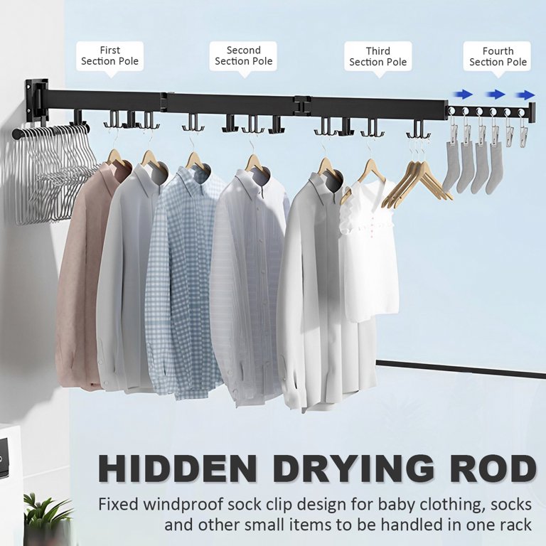 2/3 Rod Retractable Clothes Racks - Wall Mounted Folding Clothes